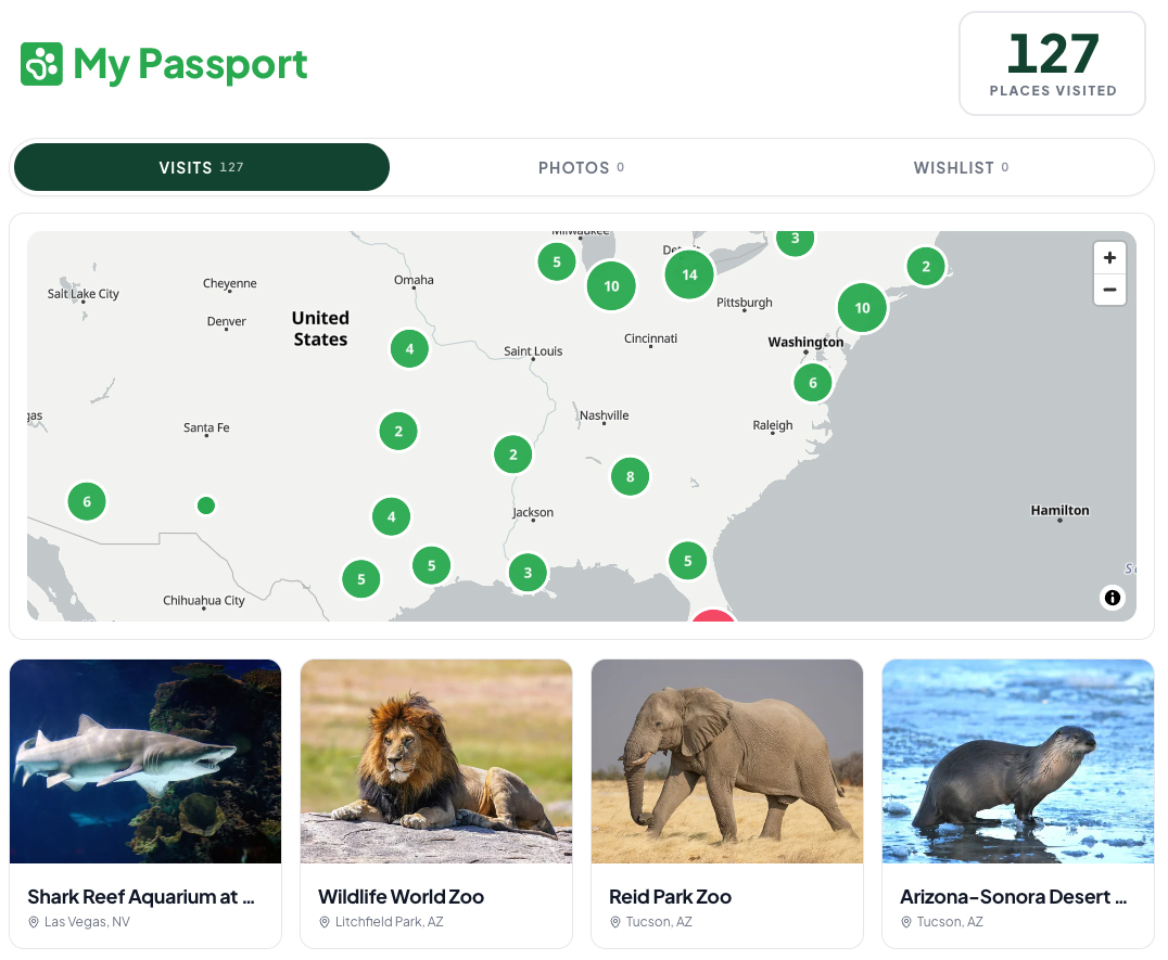 ZooHopper Passport showing a member's 127 visited destinations across the U.S. map, photo albums and wishlist tabs